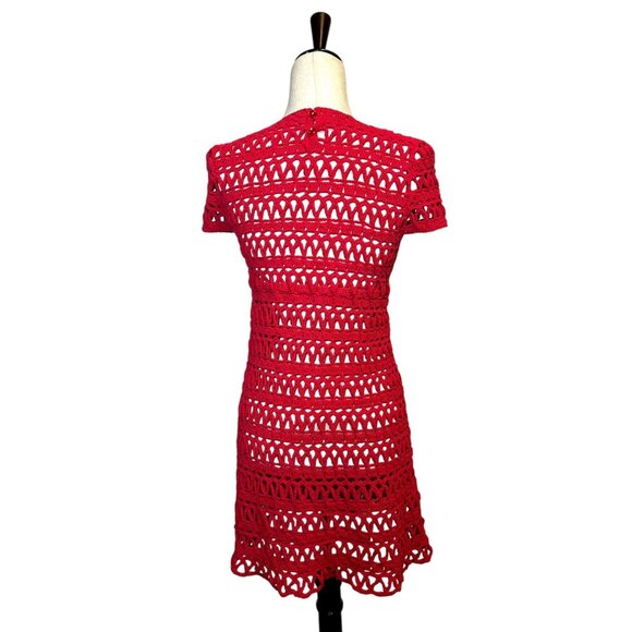 Vintage Handmade Red Crochet Dress Boho Festival Summer Beach Cover Up Short Sle - Picture 4 of 5